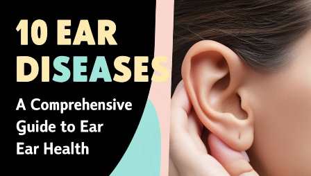 Generate an eye-catching image that will complement a blog post on the topic Ear Diseases for social media posts. include black backgroud with light colourful foreground text for title as "10 Ear Diseases: A Comprehensive Guide to Ear Health"